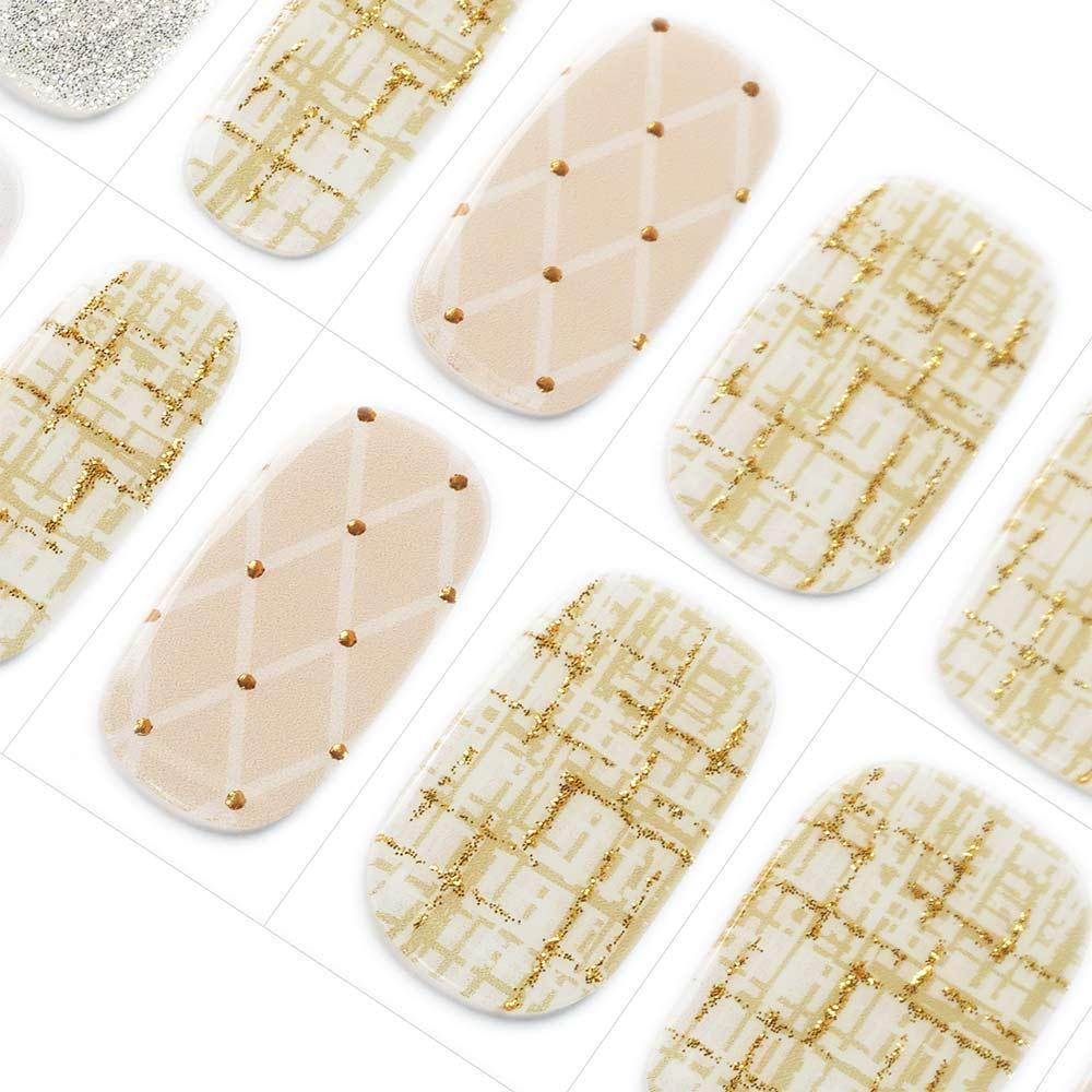 Cream Plaid Gel Nail Strips, with gold and silver design | Victorian Elegance | Danni & Toni
