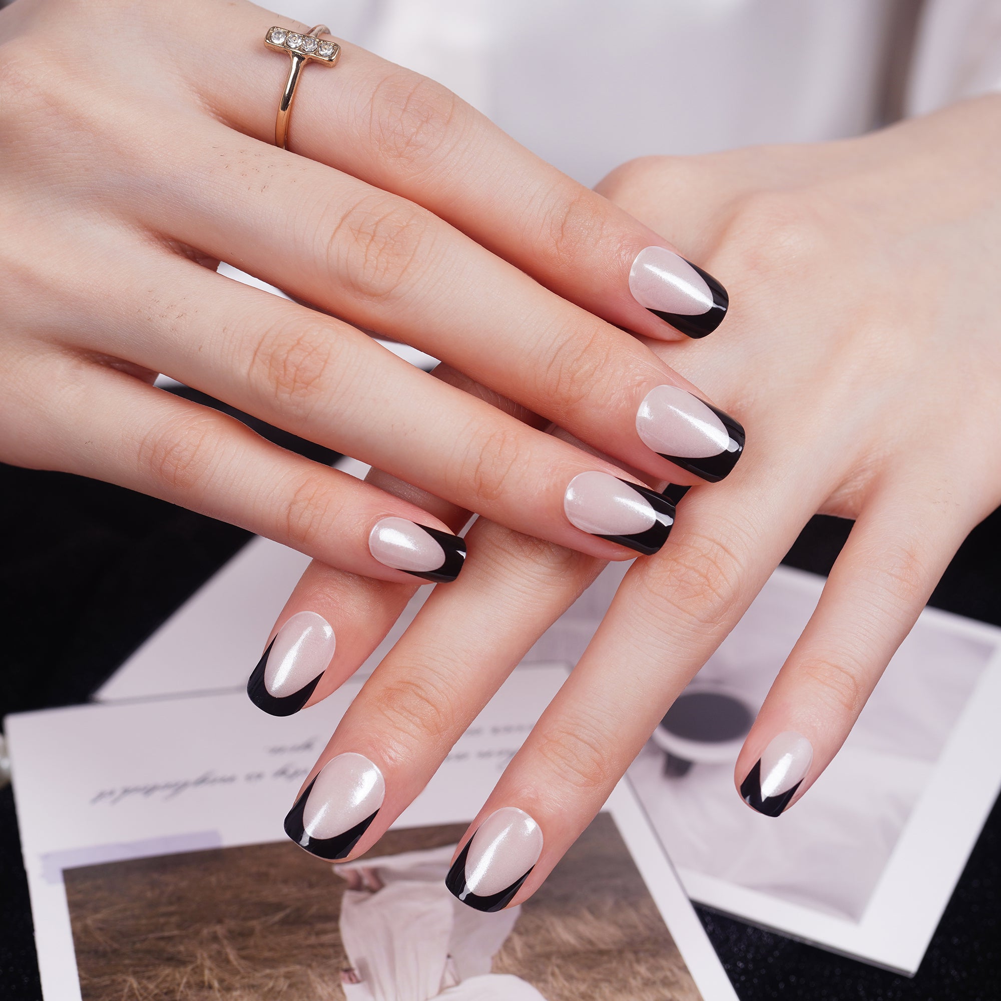 Glossy Black Gel Nail Strips with a Touch of Timeless Glamour | Luxe Noir-2824
