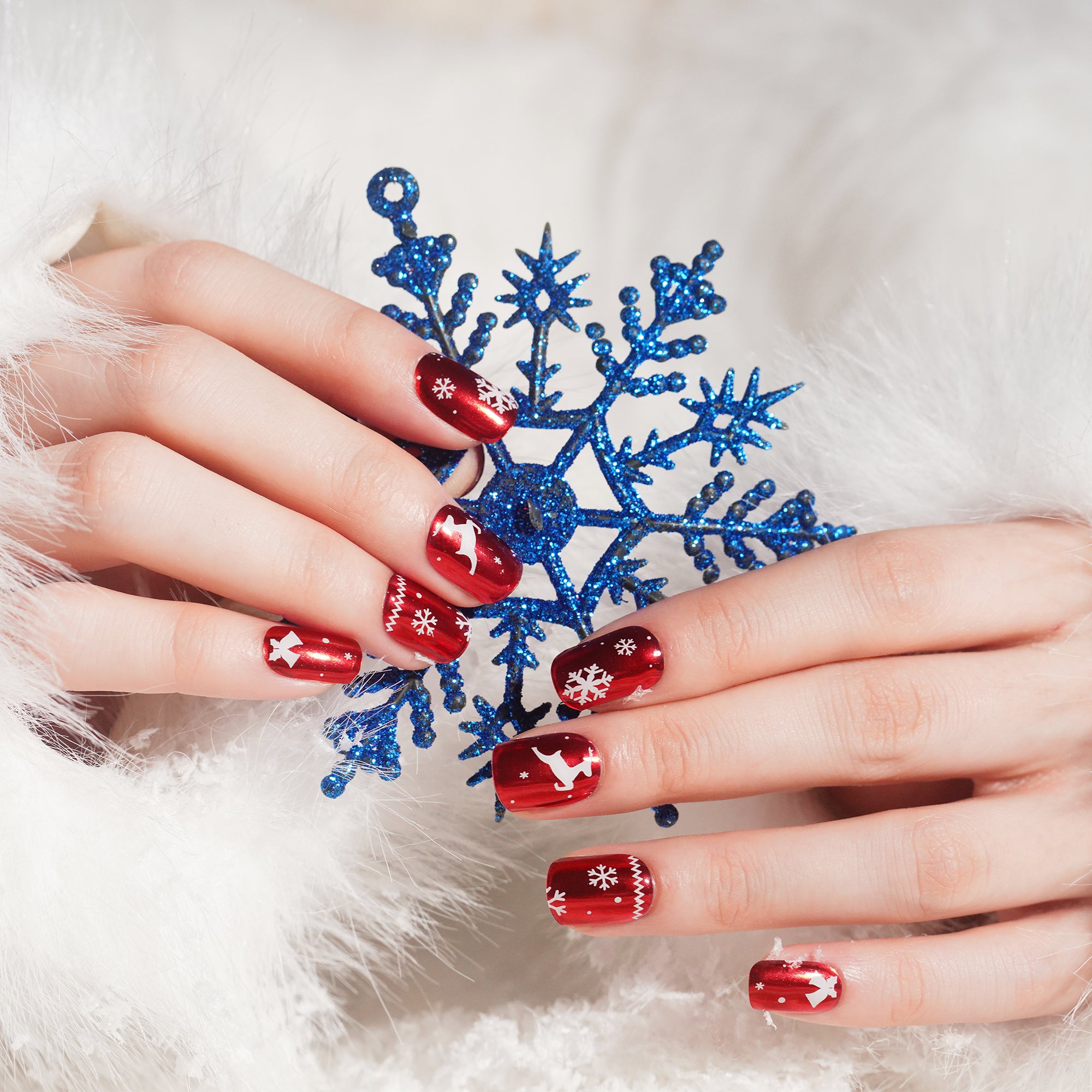 Festive Red Gel Nail Strips with White Christmas Designs | Arctic Noel-2842