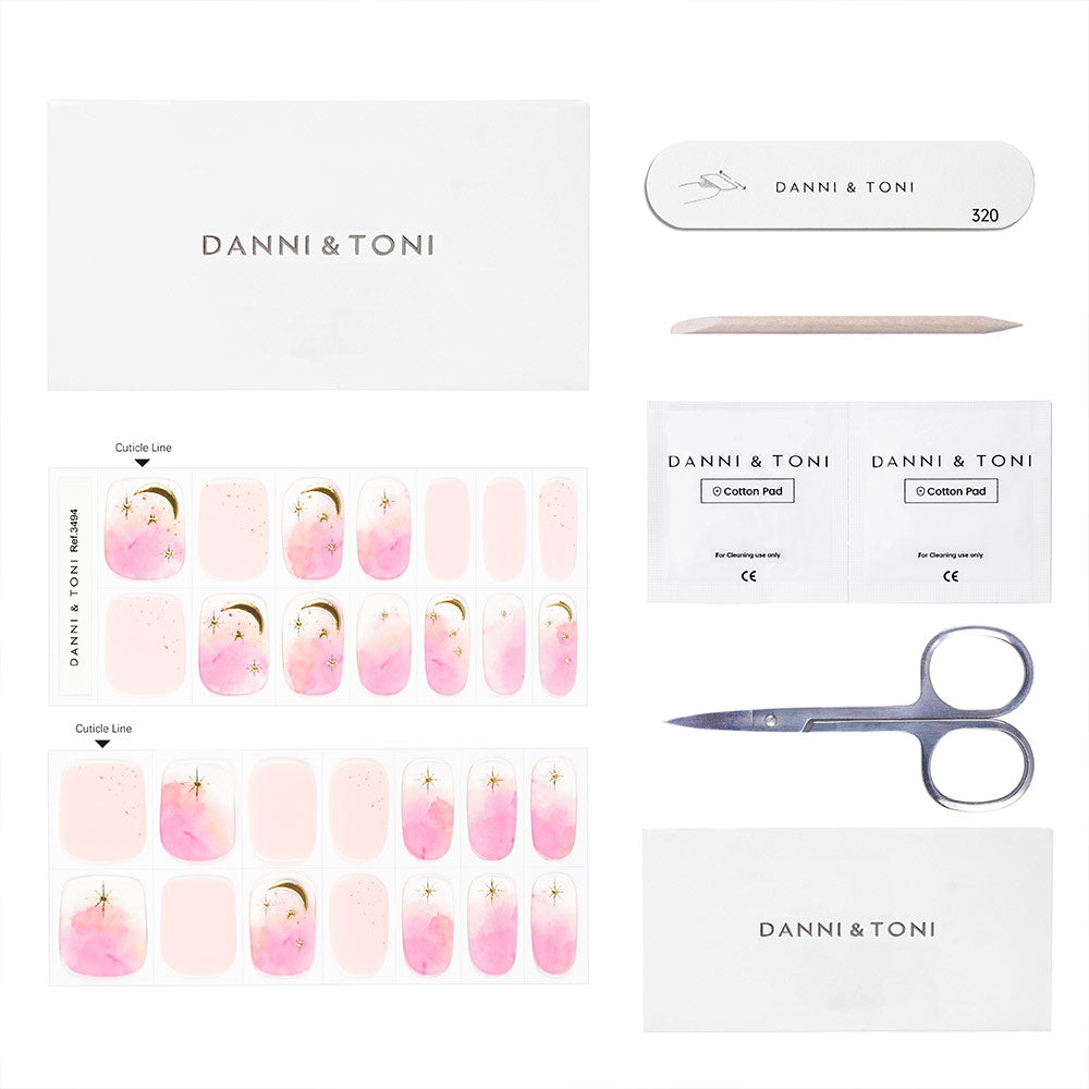 Pink White Semi-Transparent Nails with Golden Stars Deco Gel Nail Strips | Star-Filled Sky | Danni & Toni