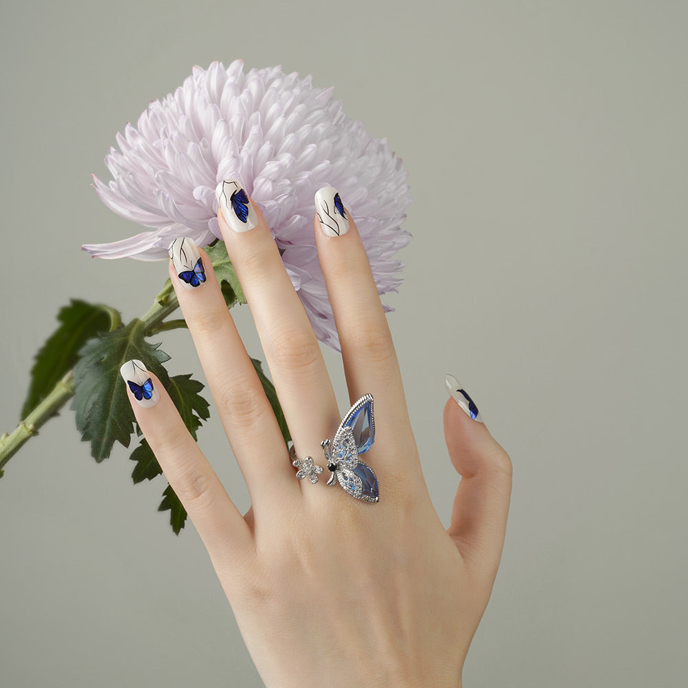 Blue Blossom Elegance Semi Cured Gel Nail Strips | Butterflies - 3533
